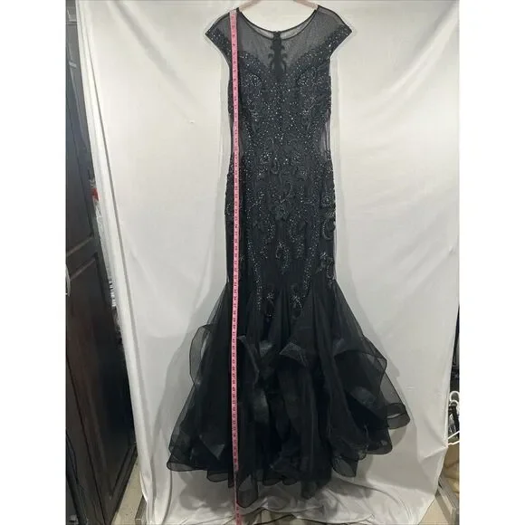 NWT$380 Camille La Vie [ 8 ] Embroidered Illusion Cap Sleeve Mermaid Dress  Black